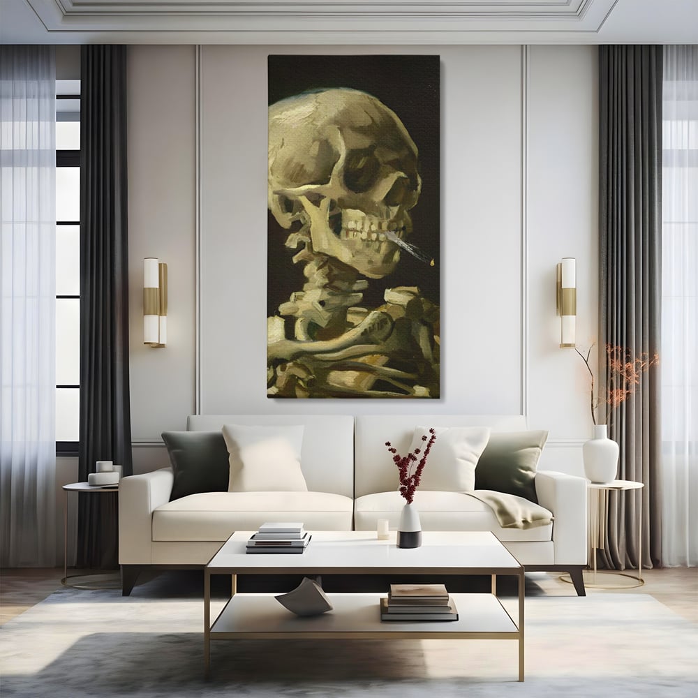 Tablou canvas cu pictura cu schelet care fumeaza, fara rama, pe sasiu de lemn, pe perete intr-un living